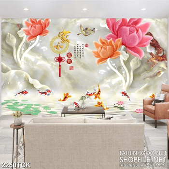 Tranh in tường những đàn cá chép nối đuôi nhau trong hồ