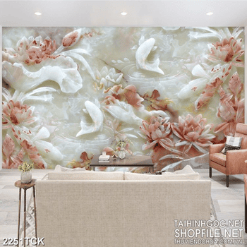 Tranh giả ngọc hoa sen hồng trong hồ đầy cá chép