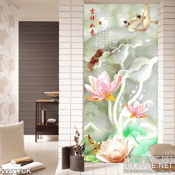 Tranh hoa sen trắng giả ngọc bên hoa ly trang trí tường