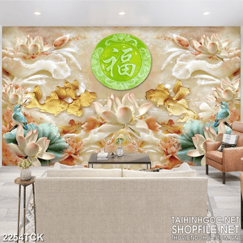 Tranh những bông sen giả ngọc bên đàn cá chép gỗ