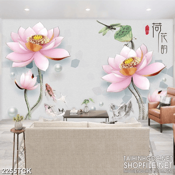 Tranh đàn cá chép bơi tung tăng trong hồ sen giả ngọc