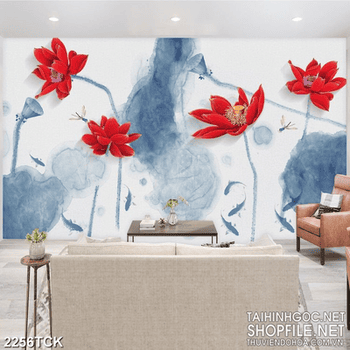 Tranh những bông hoa sen màu đỏ rực bên đàn cá chép