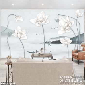 Tranh decor những bông hoa sen hồng bên người lái đò