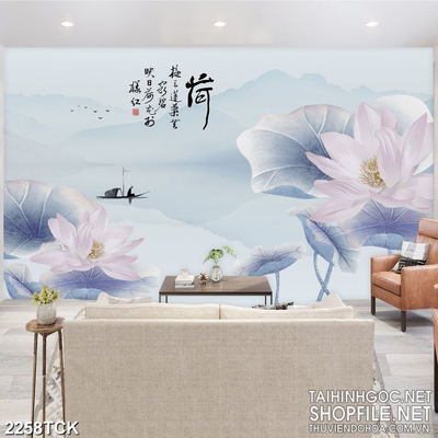 Tranh psd bông hoa sen hồng khoe sắc và người lái đò