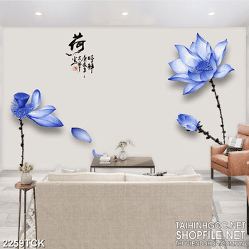 Tranh hồ hoa sen tím và những cánh hoa tung bay psd