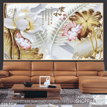 Tranh hoa sen thư pháp kim tiền