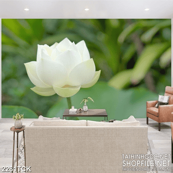 Tranh bông sen trắng khoe sắc giữa rừng lá xanh in 3d