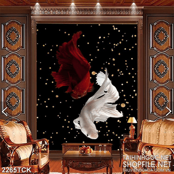 Tranh in tường hai chú cá sim betta quẩy đuôi xinh đẹp