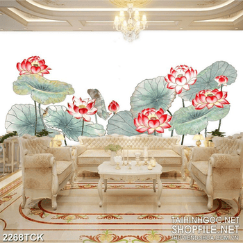 Tranh đàn những bông hoa sen màu đỏ trang trí tường