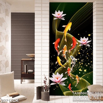 Tranh bông hoa sen tím và cá chép bơi trong làn nước