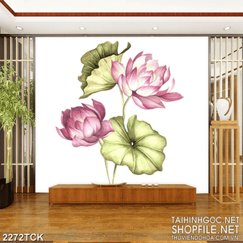 Tranh decor những bông hoa sen hồng bên chiếc lá úa