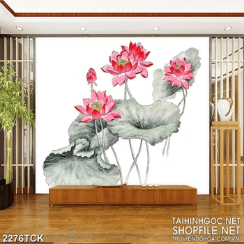 Tranh thủy mạc đầm hoa sen màu hồng rực rỡ in 8d