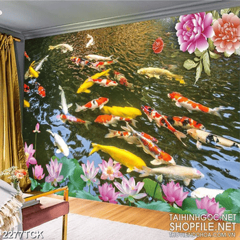 Tranh đàn cá chép bơi tung tăng trong hồ hoa sen hồng