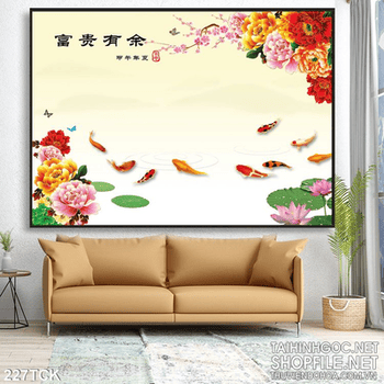 Tranh hoa sen, cá chép thư pháp