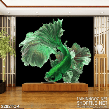 Tranh chú cá sim betta màu xanh xinh đẹp trong đêm in 5d