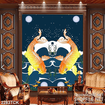 Tranh hai chú cá chép vàng dưới ánh trăng trang trí tường