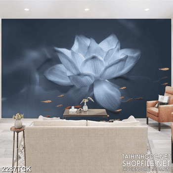 Tranh decor đàn cá chép tung tăng bên bông hoa sen trắng