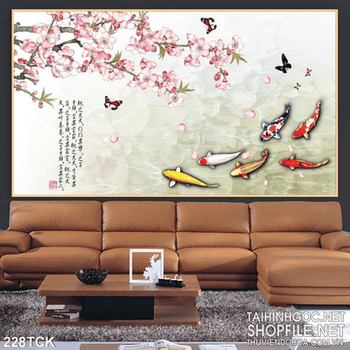 Tranh hoa sen, cá chép và mùa xuân