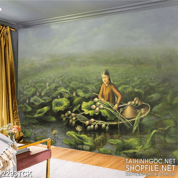 Tranh sơn dầu in canvan người con gái đang hái hoa sen