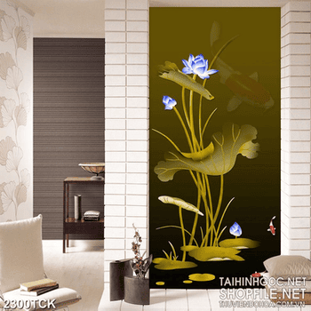 Tranh những bông hoa sen màu xanh dương và cá chép