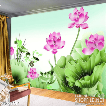 Tranh decor hoa sen hồng và đàn cá chép bơi tung tăng