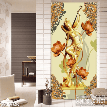 Tranh in canvas nữ thần bên những bông hoa sen khắc gỗ
