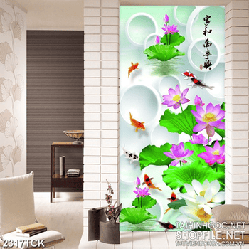 Tranh decor những bông hoa sen hồng trong hồ cá chép