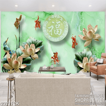 Tranh in canvas đàn cá chép trong hồ sen hồng giả ngọc