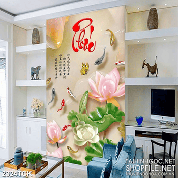 Tranh nghệ thuật hoa sen và đàn cá chép bên chữ phúc