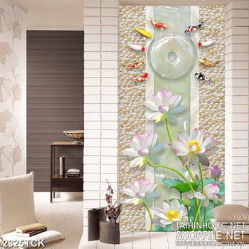 Tranh in tường đầm hoa sen và đàn cá chép nhiều mà sắc