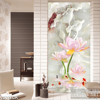 Tranh decor những bông hoa sen hồng bên hồ cá chép