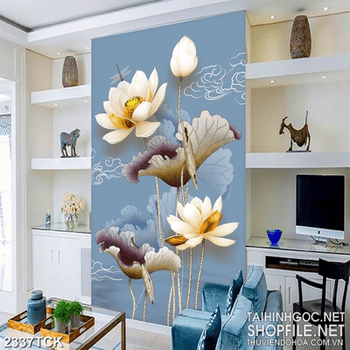Tranh sơn dầu trang trí những bông hoa sen hồng trong hồ