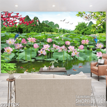 Tranh in canvas cành hoa anh đào bên hoa sen khoe sắc