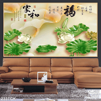 Tranh hoa sen, cá chép giả ngọc  trang trí