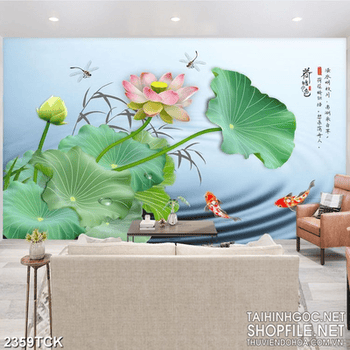 Tranh những chú chuồn chuồn bay lượn trên hồ cá chép