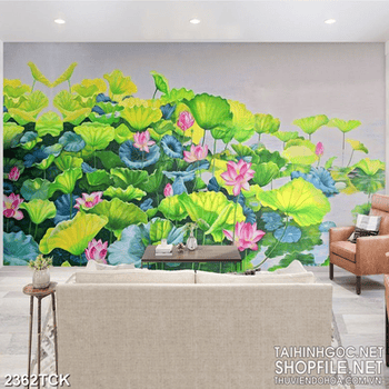 Tranh décor sơn dầu đầm hoa sen hồng giữa trời xanh