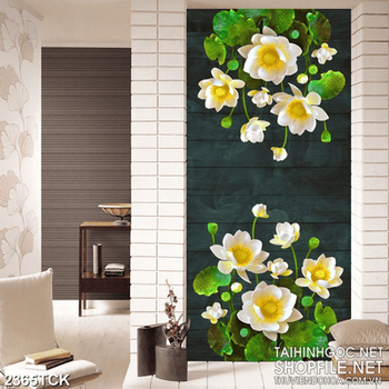 Tranh in uv những bông hoa sen trắng bên lá màu xanh