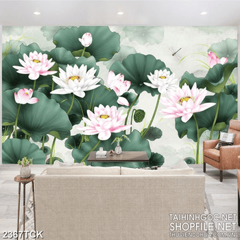 Tranh những chiếc lá xanh xen kẻ bông hoa sen hồng