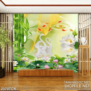 Tranh in tường đầm hoa sen trắng bên thiên nga trắng