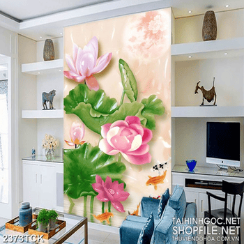 Tranh những bông sen hồng bên cá chép trang trí tường