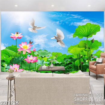 Tranh những bông hoa sen hồng bên đàn chim bồ câu