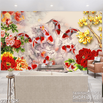 Tranh decor mẫu đơn và đàn cá chép giả ngọc trong đầm