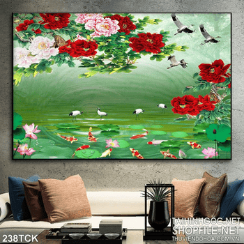 Tranh hoa sen, cá chép hoa mẫu đơn trang trí