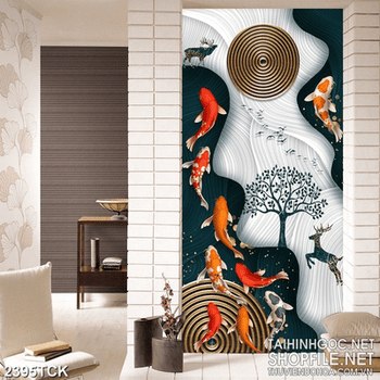 Tranh in uv đàn cá chép tung tăng bơi lội trong dòng nước