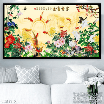 Tranh hoa sen, cá chép quần tụ và hoa mẫu đơn