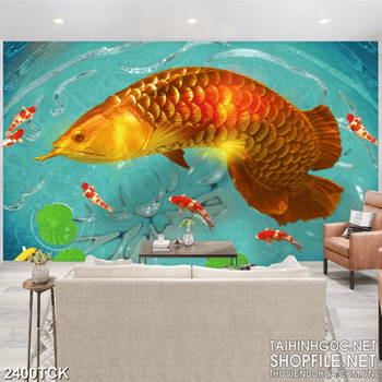 Tranh chú cá chép vàng xinh đẹp trong hồ nước in 3d