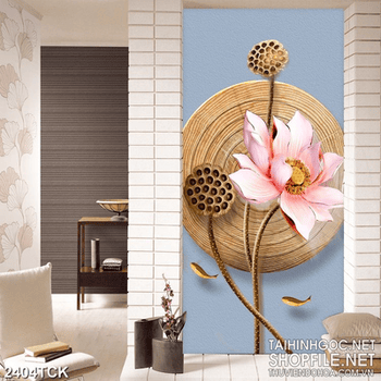 Tranh in tường bông hoa sen giả ngọc bên đàn cá chép