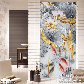 Tranh decor hoa sen và đàn cá chép vàng giả ngọc