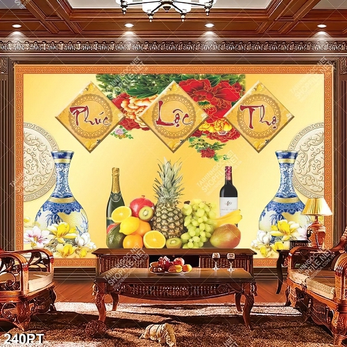 Tranh thờ tài lộc phúc lộc thọ và mâm ngũ quả