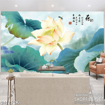 Tranh thủy mạc đầm hoa sen hồng và đàn cá chép in 3d